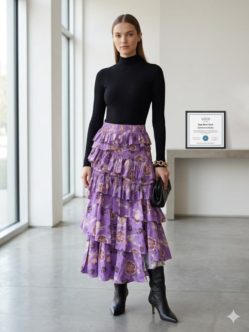 ULLA JOHNSON Purple Printed Cotton Tiered Pleated Long Skirt